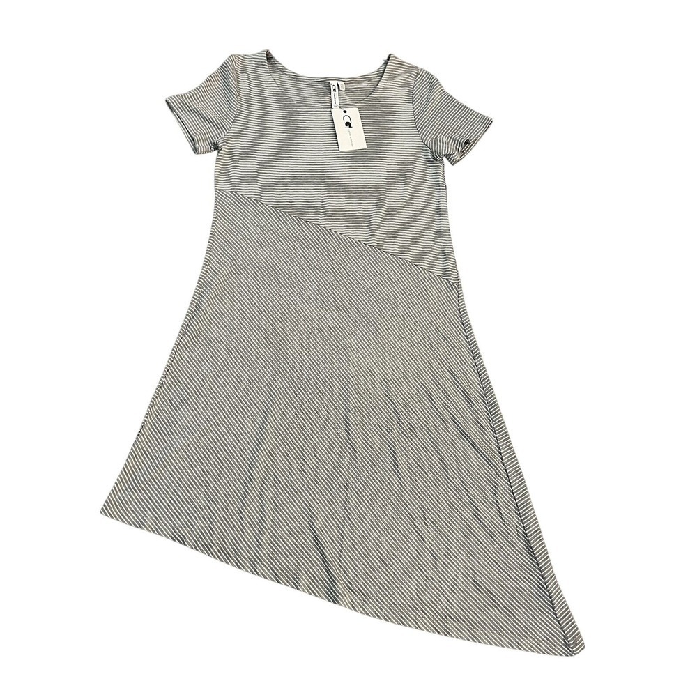 Cable & Gauge Dress Medium Asymmetrical Hem Stripes Gray White Y2K